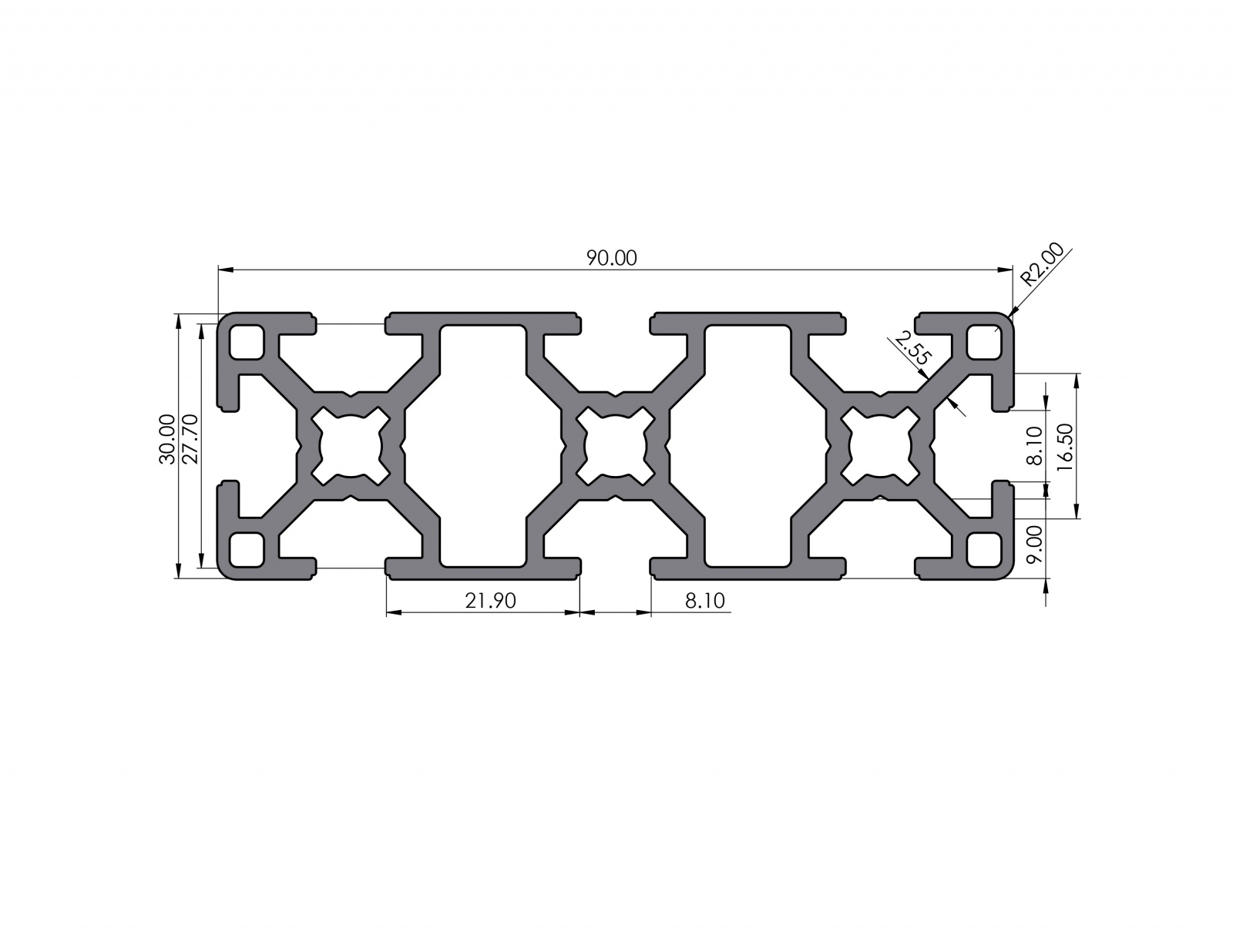 Aluminiumprofil 90x30 Nut 8 B-Typ